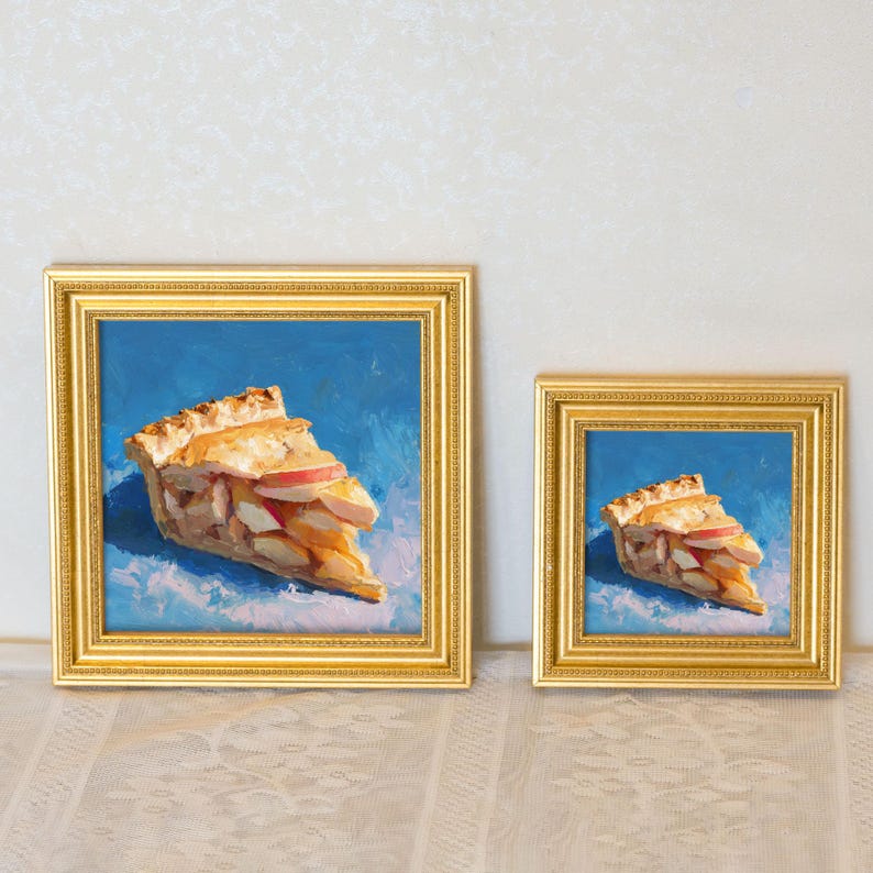 Mini Apple Pie Oil Painting: Rustic Kitchen Still Life in Gold Frame