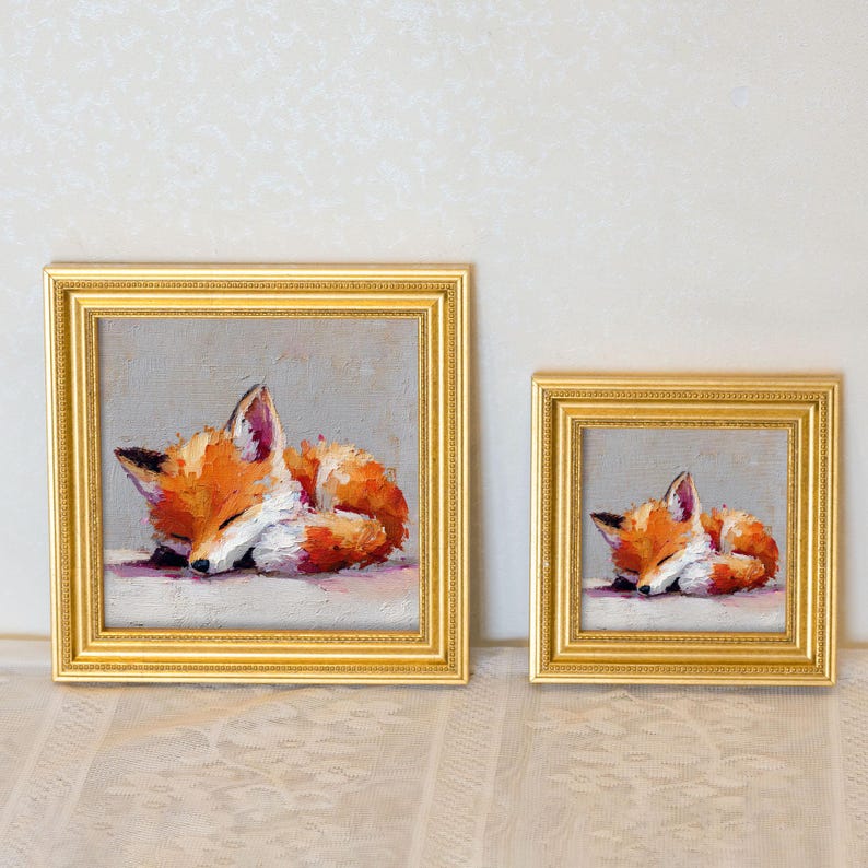 Mini Fox Oil Painting: Golden Beaded Frame, Woodland Animal Art