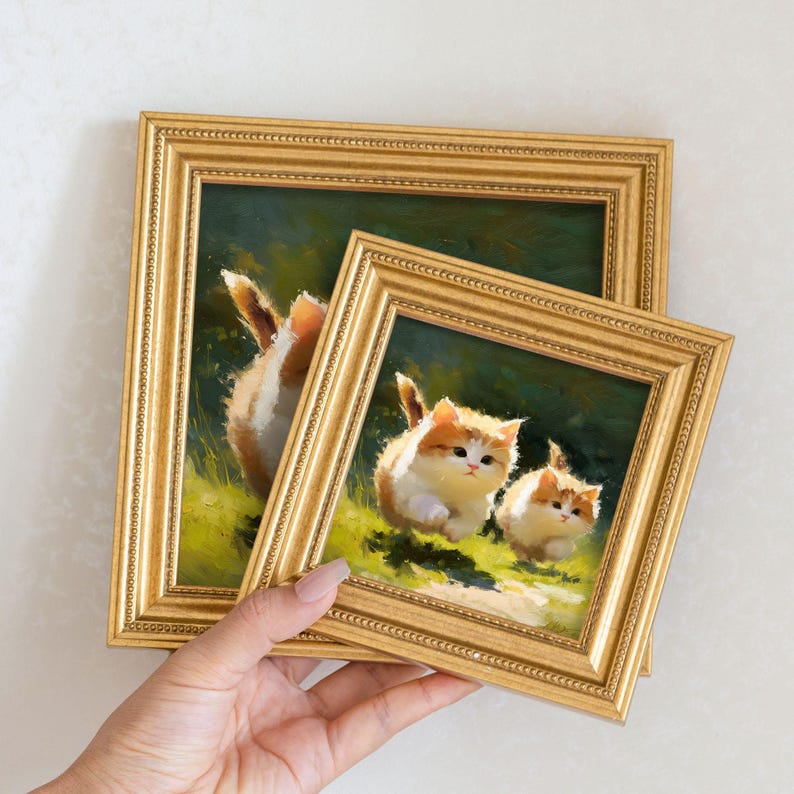 Miniature Oil Painting: Playful Cats in Golden Beaded Frame