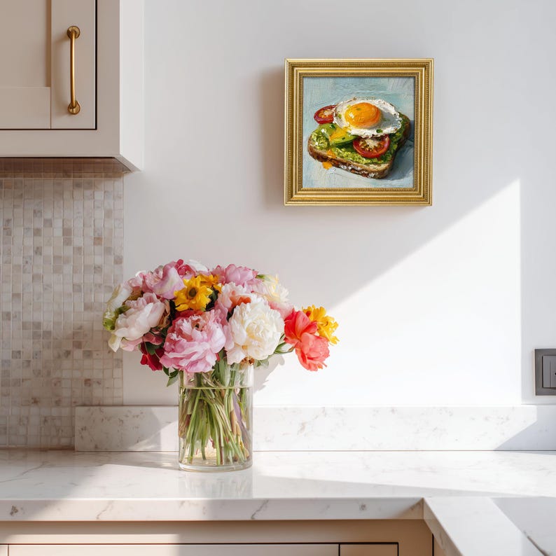 Mini Avocado Toast Oil Painting: Golden Framed Kitchen Decor
