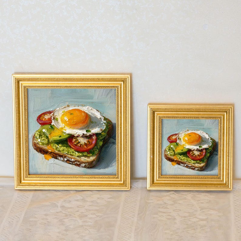Mini Avocado Toast Oil Painting: Golden Framed Kitchen Decor