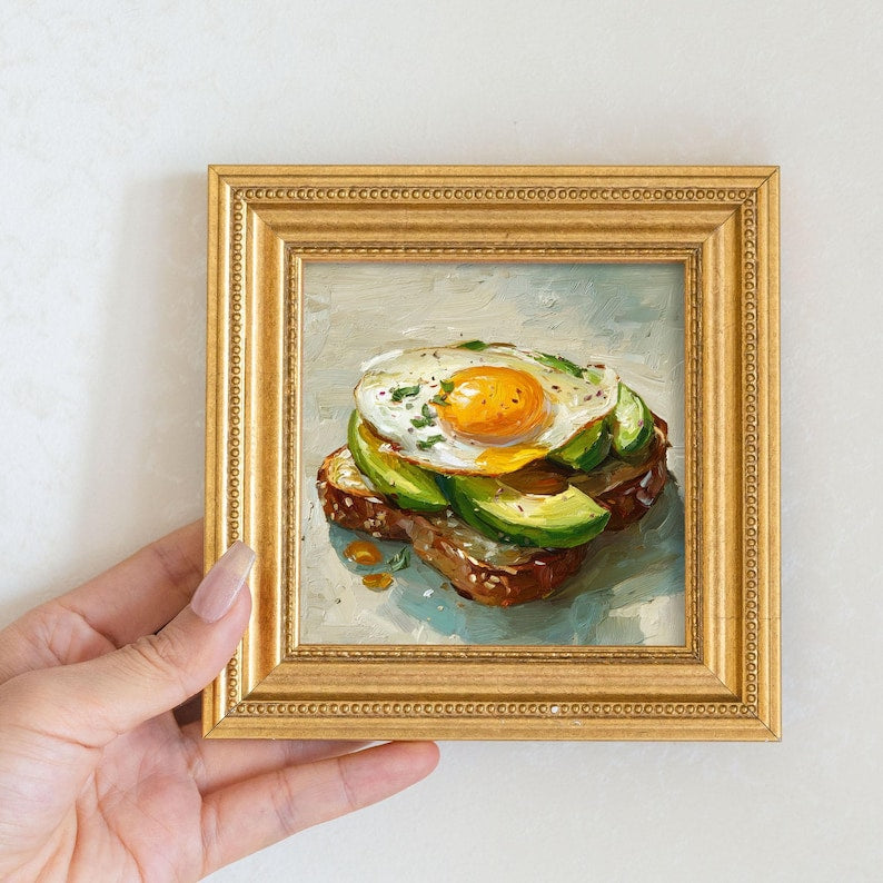 Mini Avocado Toast Oil Painting: Golden Framed Kitchen Decor