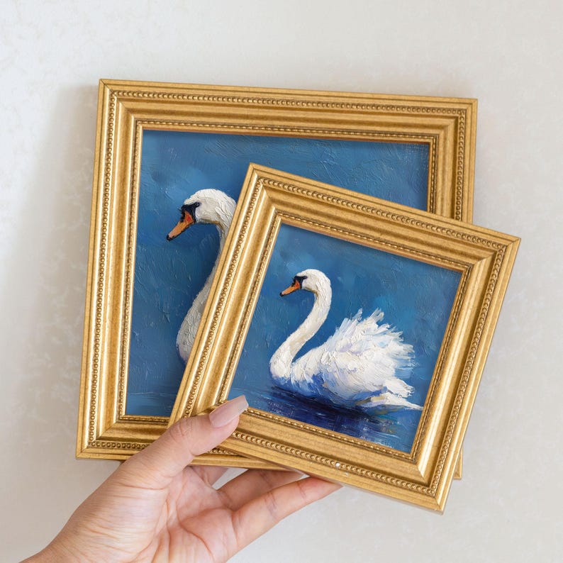 Original Swan Oil Painting: Mini Elegant Bird Living Room Wall Art Decor Gift