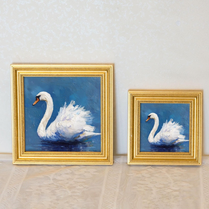 Original Swan Oil Painting: Mini Elegant Bird Living Room Wall Art Decor Gift