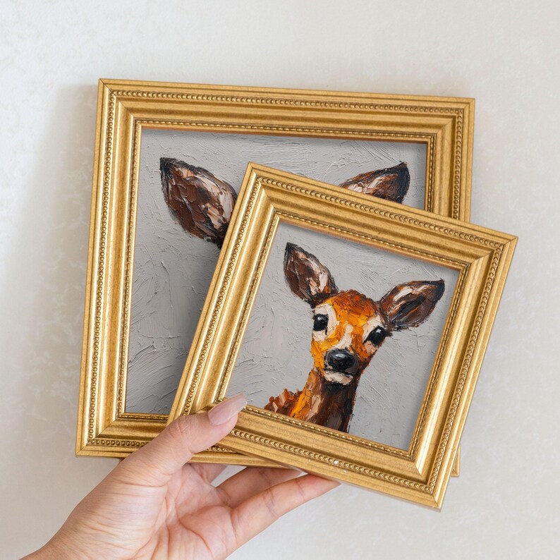 Mini Deer Oil Painting: Golden Beaded Frame, Hand-Painted Fawn Portrait
