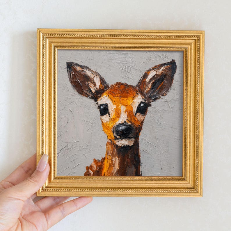 Mini Deer Oil Painting: Golden Beaded Frame, Hand-Painted Fawn Portrait
