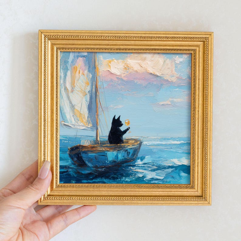 Mini Drunk Cat Oil Painting in Golden Beaded Frame: Whimsical Living Room Decor