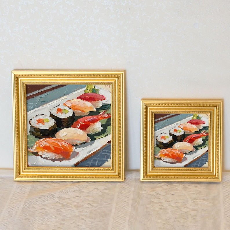 Mini Sushi Oil Painting: Japanese Food Still Life, Kitchen Wall Art