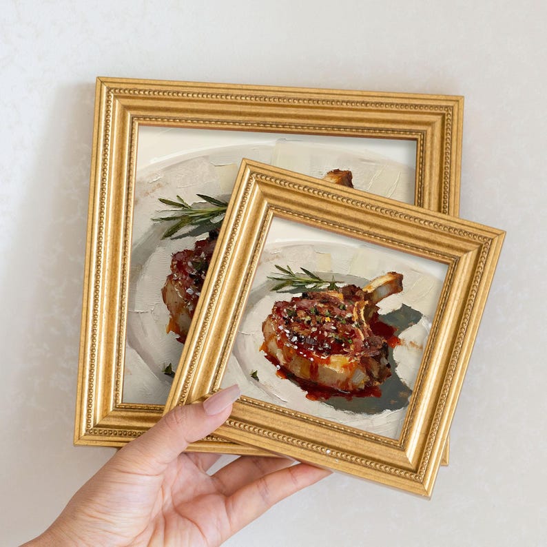 Still Life Steak Oil Painting: Dining Room Wall Art Decor 5x5 Artwork Gift