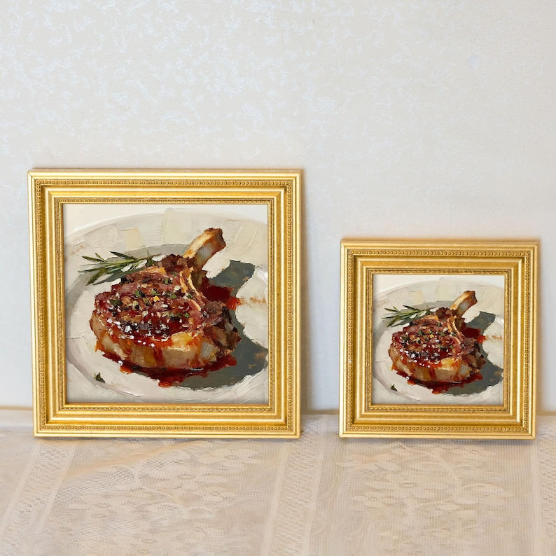 Still Life Steak Oil Painting: Dining Room Wall Art Decor 5x5 Artwork Gift