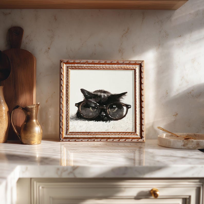 Hand-Painted Black Cat Oil Painting: Living Room Wall Art Decor, Kitty Portrait Gift