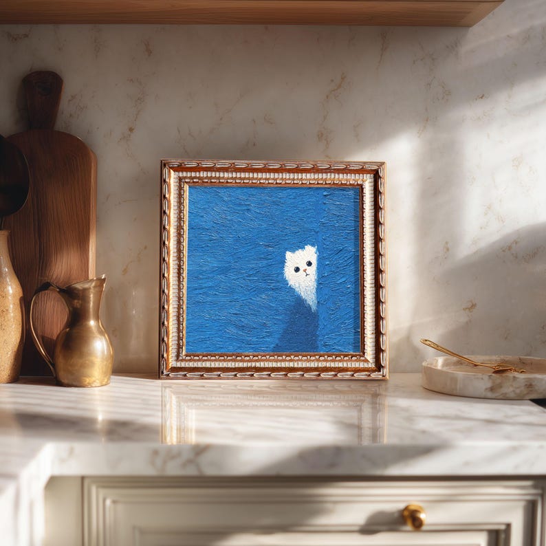 Hand-Painted Peeking Cat Oil Painting: Living Room Wall Art Decor, Kitty Portrait Gift