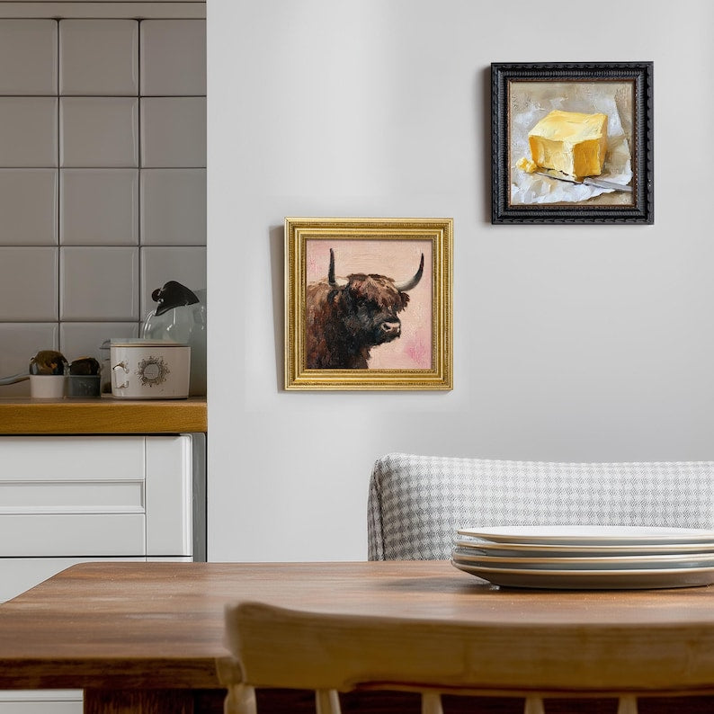 Hand-Painted Highland Cow Oil Painting: Living Room Wall Art Decor, 5X5 Housewarming Gift