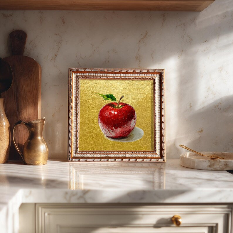 Still Life Apple Gold Leaf Oil Painting: Kitchen Wall Art Decor, 5X5 Housewarming Gift