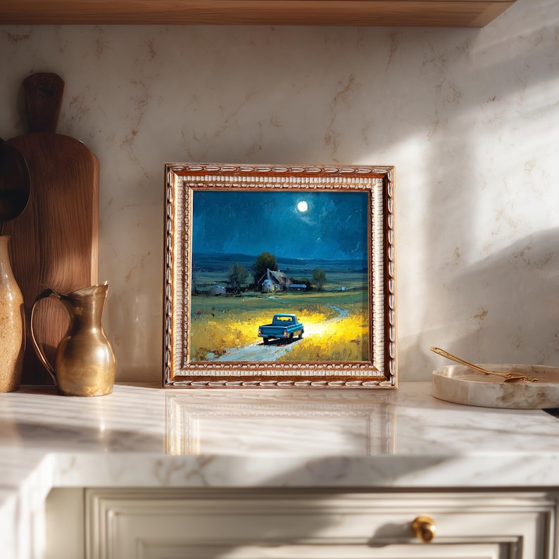 Hand-Painted Moonlit Country Road Oil Painting: Living Room Wall Art Decor, Housewarming Gift
