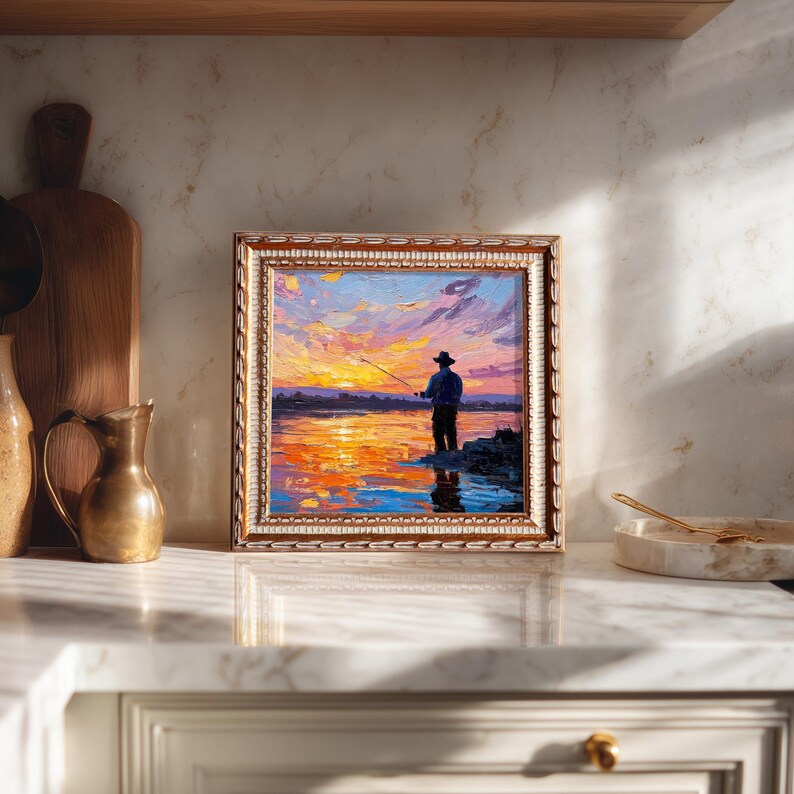 Hand-Painted Sunset Fishing Oil Painting: Living Room Wall Art Decor, 5X5 Fisherman Gift