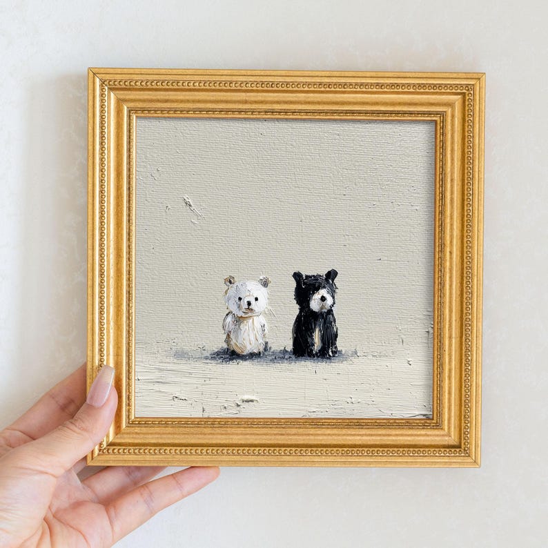 Hand-Painted Two Bears Oil Painting: Living Room Wall Art Decor, 5X5 Housewarming Gift