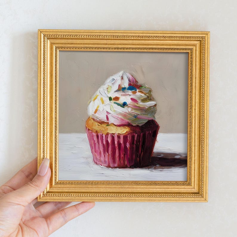 Still Life Cupcake Oil Painting: Kitchen Wall Art Decor, 5x5 Housewarming Gift