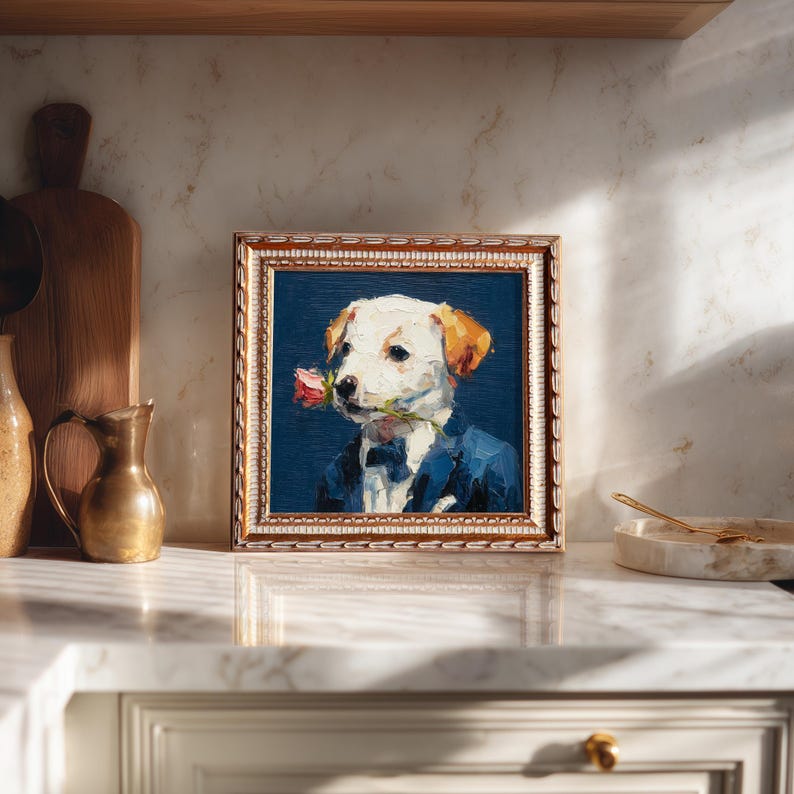 Hand-Painted Gentleman Dog Oil Painting: Living Room Wall Art Decor, Housewarming Gift