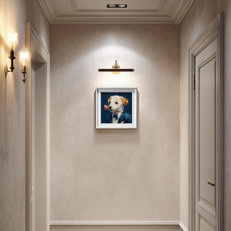 Hand-Painted Gentleman Dog Oil Painting: Living Room Wall Art Decor, Housewarming Gift