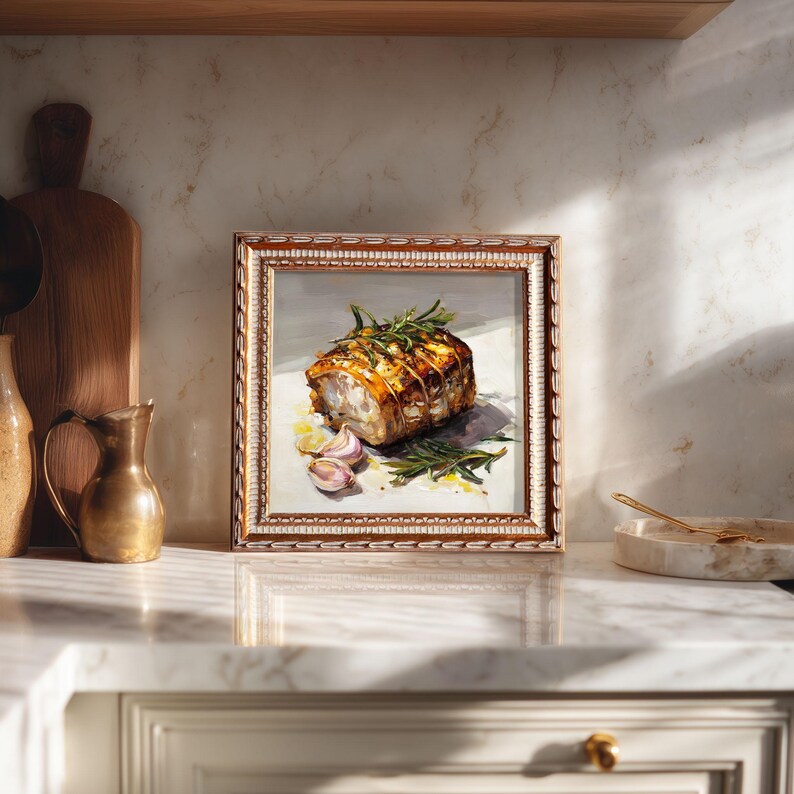 Still Life Smoked Roast Pork Oil Painting: Kitchen Wall Art Decor, Housewarming Gift