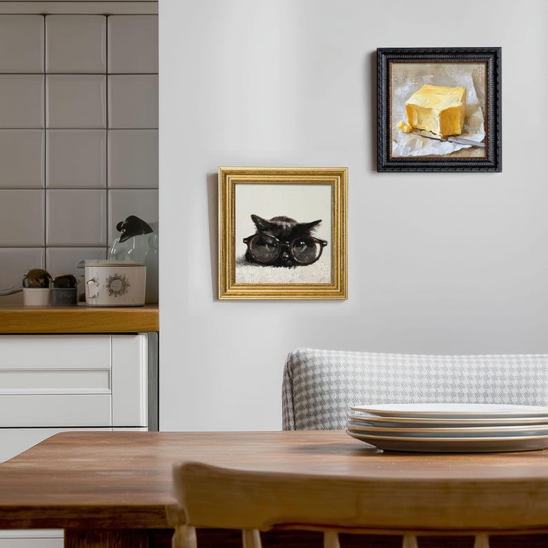 Hand-Painted Black Cat Oil Painting: Living Room Wall Art Decor, Kitty Portrait Gift