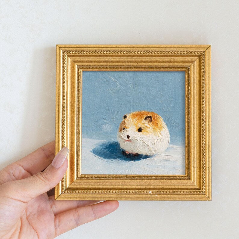 Hand-Painted Hamster Oil Painting: Living Room Wall Art Decor, 5X5 Hamster Portrait Gift
