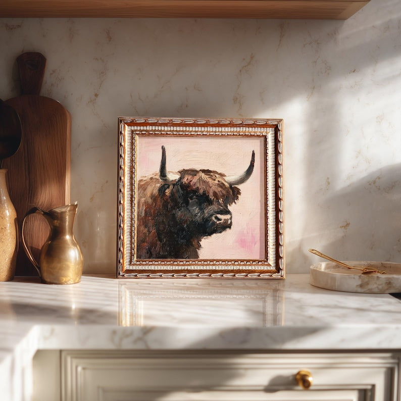 Hand-Painted Highland Cow Oil Painting: Living Room Wall Art Decor, 5X5 Housewarming Gift
