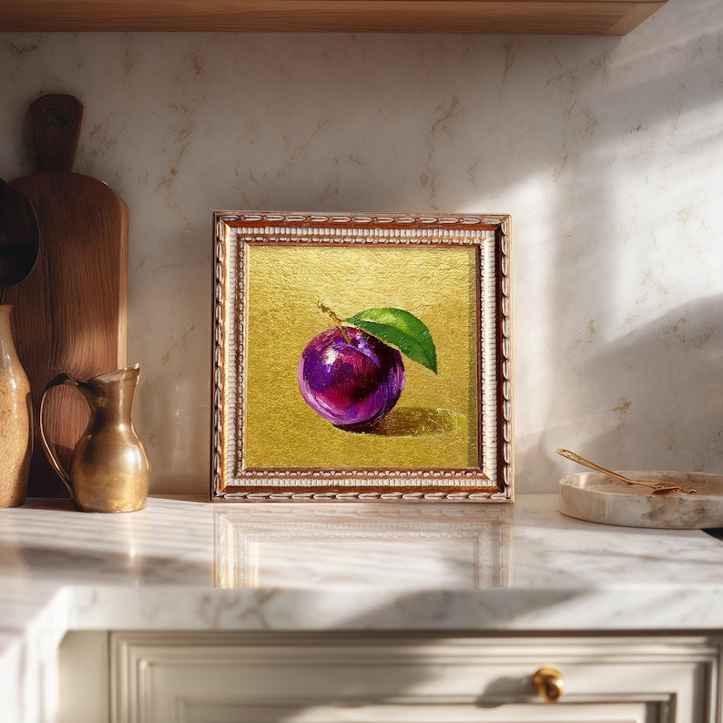 Still Life Plum Oil Painting: Kitchen Wall Art Decor, 5X5 Housewarming Gift