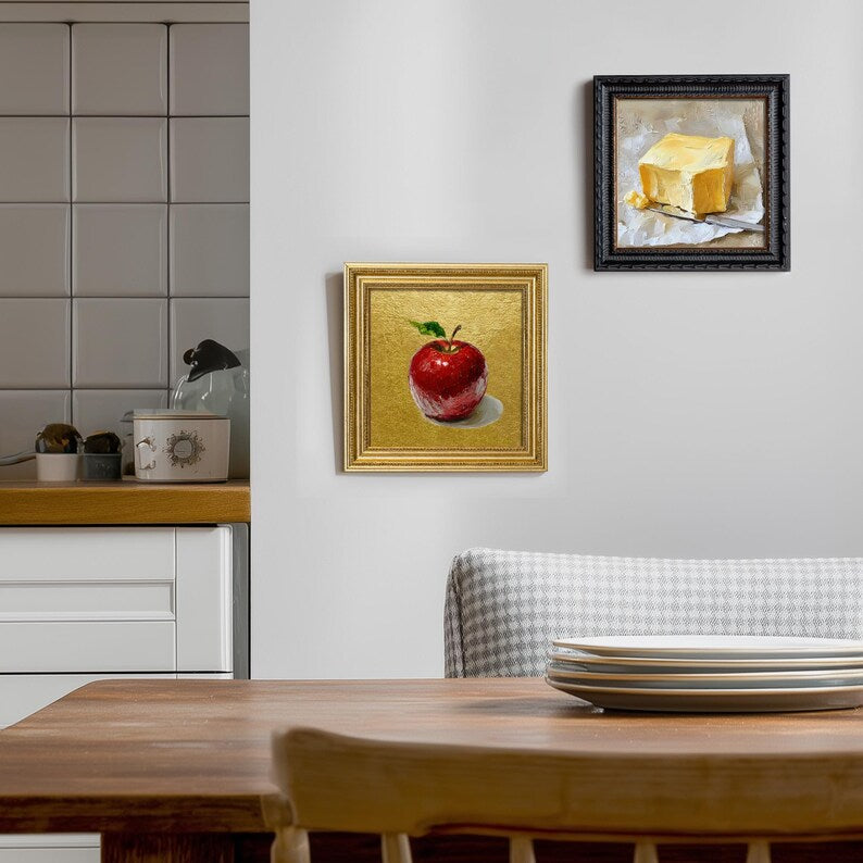 Still Life Apple Gold Leaf Oil Painting: Kitchen Wall Art Decor, 5X5 Housewarming Gift