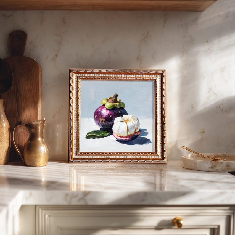 Still Life Mangosteen Oil Painting: Dining Room Wall Art Decor, 5X5 Artwork Gift