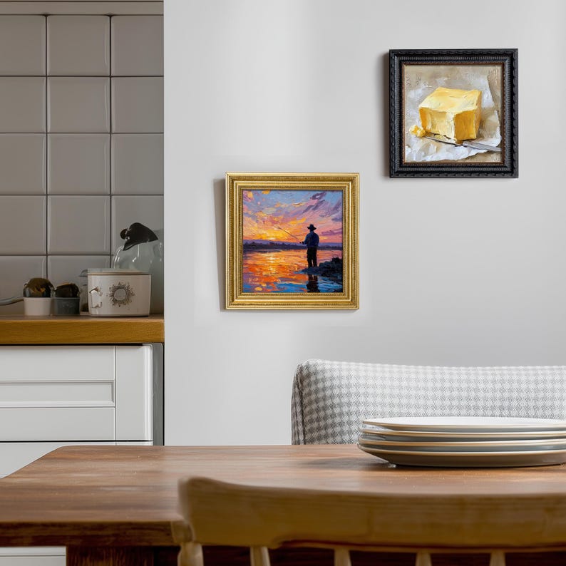Hand-Painted Sunset Fishing Oil Painting: Living Room Wall Art Decor, 5X5 Fisherman Gift