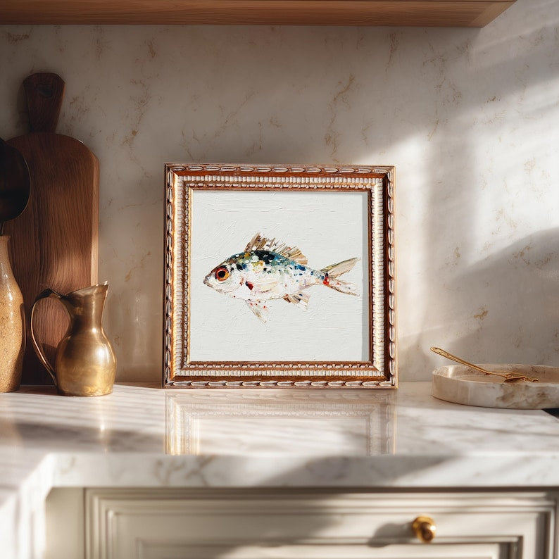 Still Life Fish Oil Painting: Kitchen Wall Art Decor, 5X5 Hand-Painted Housewarming Gift