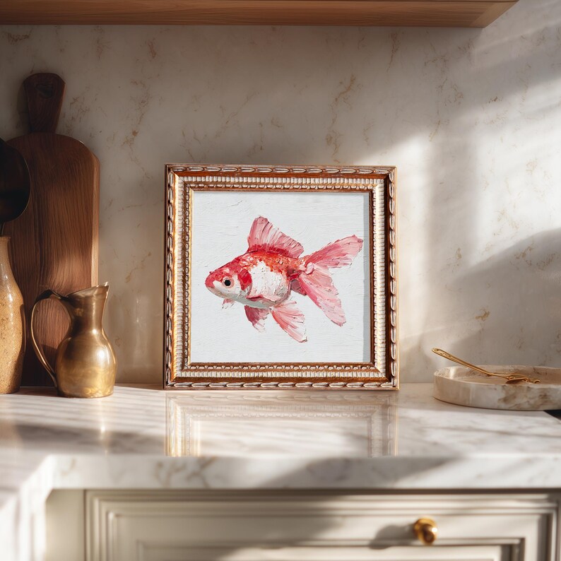 Still Life Goldfish Oil Painting: Living Room Wall Art Decor, Hand-Painted Housewarming Gift