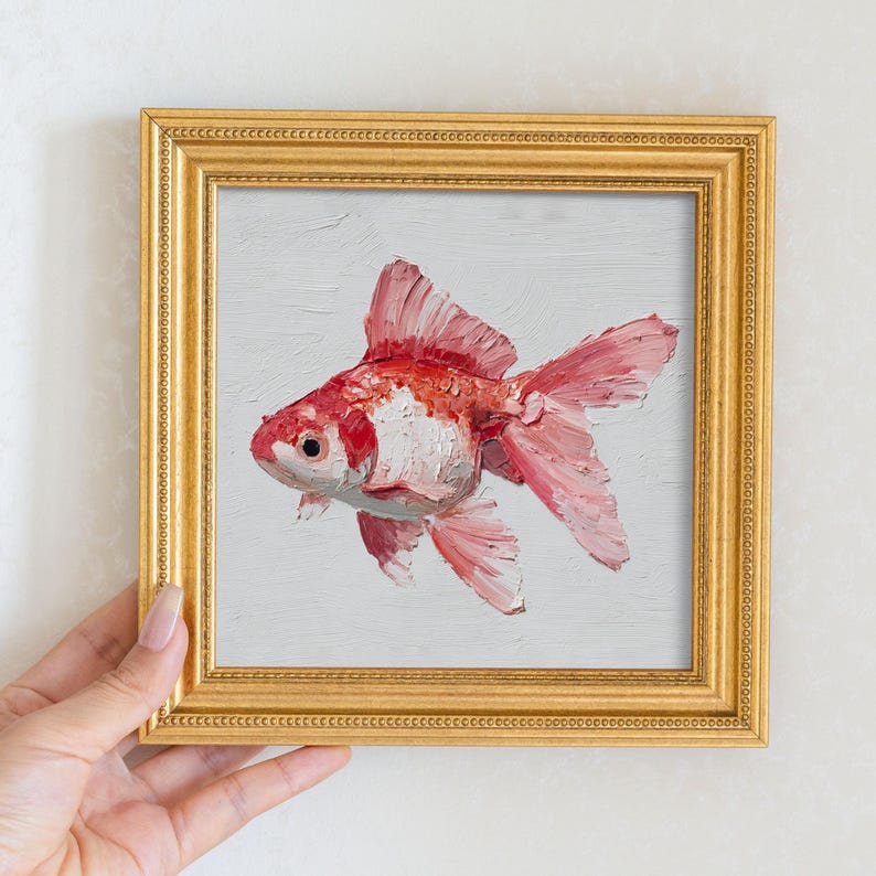 Still Life Goldfish Oil Painting: Living Room Wall Art Decor, Hand-Painted Housewarming Gift
