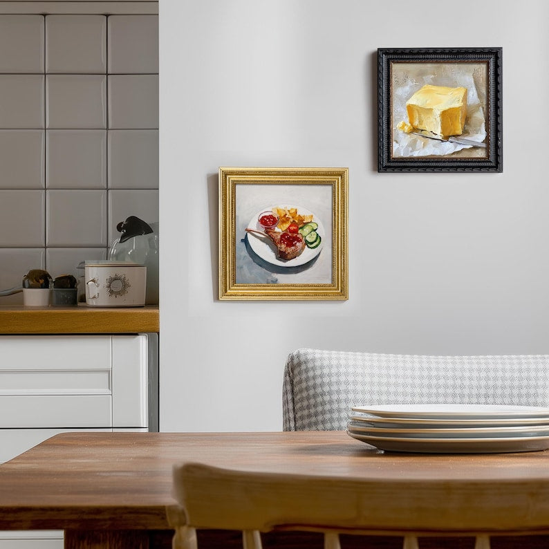 Still Life Steak Meal Oil Painting: Kitchen Wall Art Decor, 5X5 Housewarming Gift