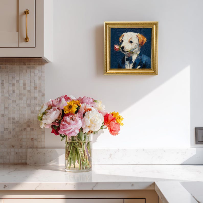 Hand-Painted Gentleman Dog Oil Painting: Living Room Wall Art Decor, Housewarming Gift