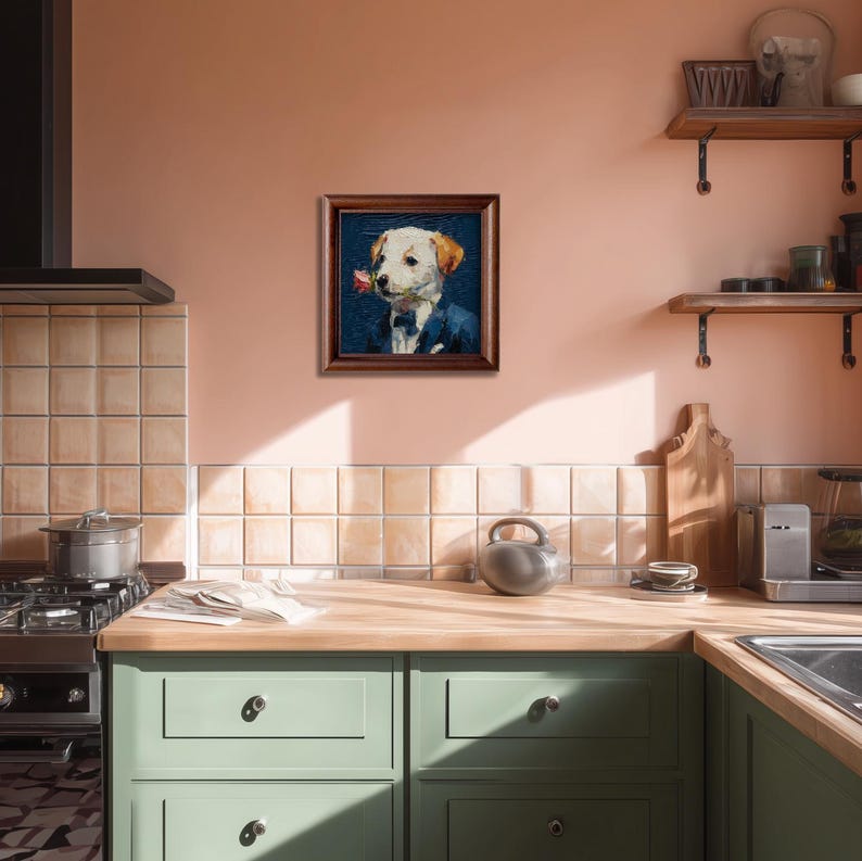 Hand-Painted Gentleman Dog Oil Painting: Living Room Wall Art Decor, Housewarming Gift