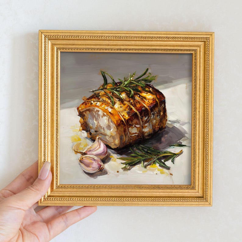 Still Life Smoked Roast Pork Oil Painting: Kitchen Wall Art Decor, Housewarming Gift