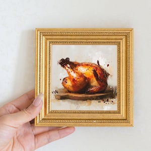 Mini Roast Chicken Oil Painting in Gold Frame: Rustic Kitchen Decor