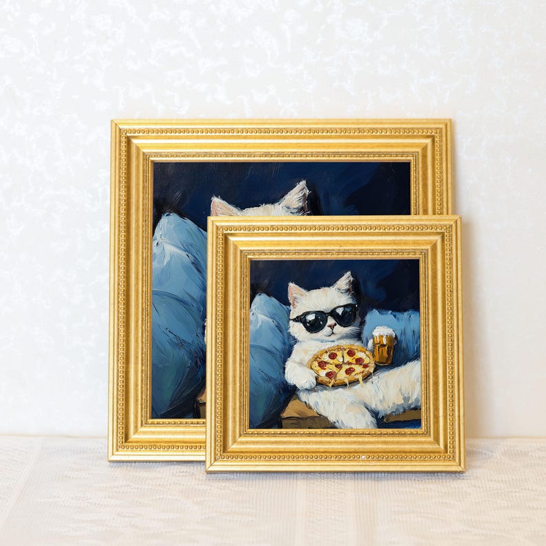 Mini Cool Cat Oil Painting in Gold Frame, Quirky Gift for Cat Lovers and Wall Decor Fans, Original Painting for House and Office Decor