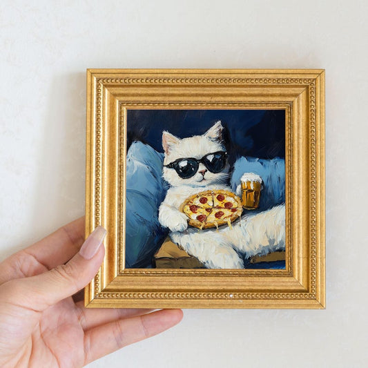 Mini Cool Cat Oil Painting in Gold Frame, Quirky Gift for Cat Lovers and Wall Decor Fans, Original Painting for House and Office Decor