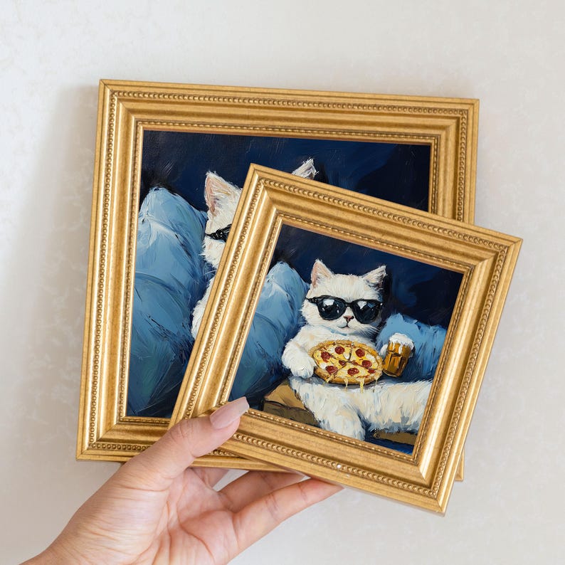 Mini Cool Cat Oil Painting in Gold Frame, Quirky Gift for Cat Lovers and Wall Decor Fans, Original Painting for House and Office Decor
