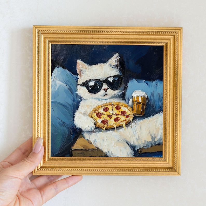 Mini Cool Cat Oil Painting in Gold Frame, Quirky Gift for Cat Lovers and Wall Decor Fans, Original Painting for House and Office Decor