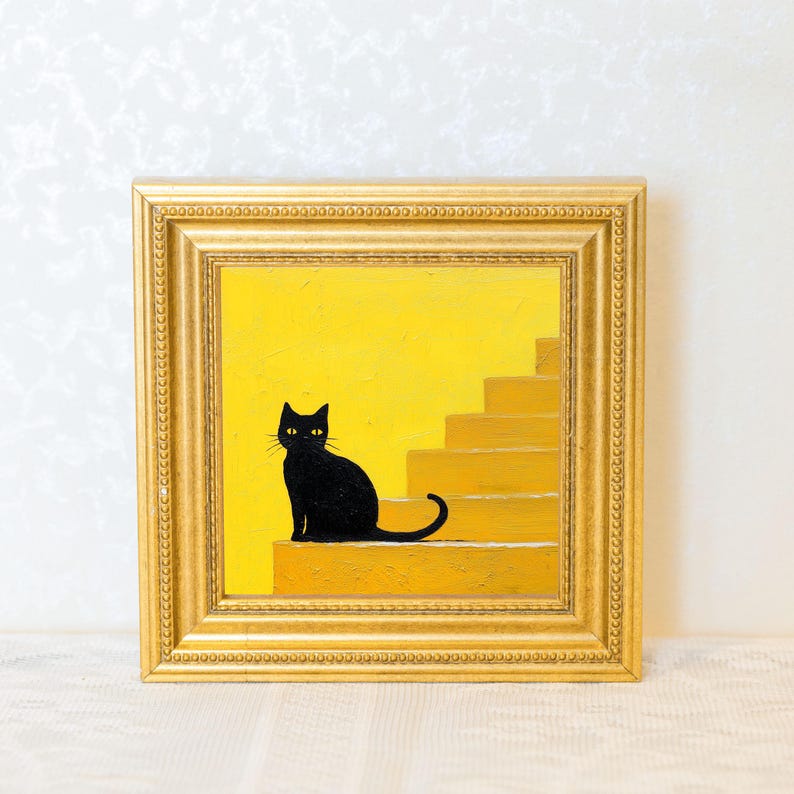 Mini Black Cat Oil Painting: Quirky Gold Frame Art