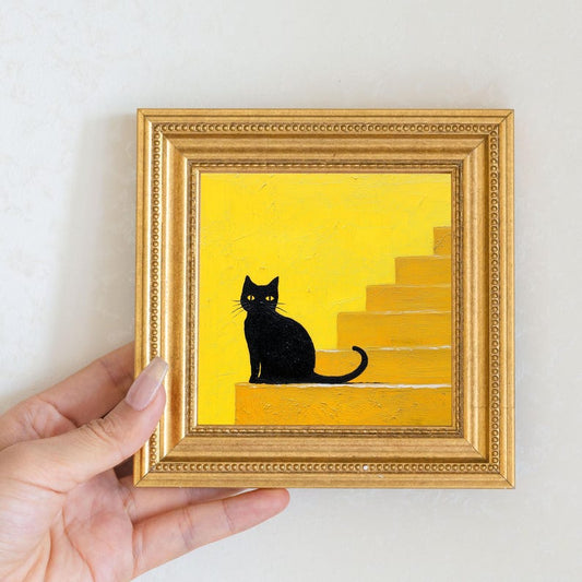 Mini Black Cat Oil Painting: Quirky Gold Frame Art