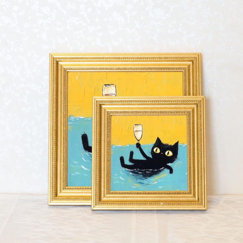 Mini Cool Cat Oil Painting in Gold Frame, Quirky Gift for Cat Lovers and Wall Decor Fans, Original Painting for House and Office Decor