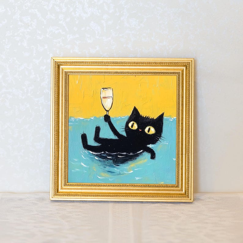 Mini Cool Cat Oil Painting in Gold Frame, Quirky Gift for Cat Lovers and Wall Decor Fans, Original Painting for House and Office Decor
