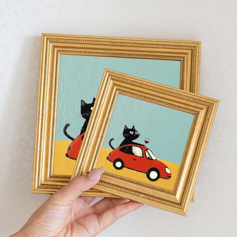 Mini Cool Cat Oil Painting in Gold Frame, Quirky Gift for Cat Lovers and Wall Decor Fans, Original Painting for House and Office Decor