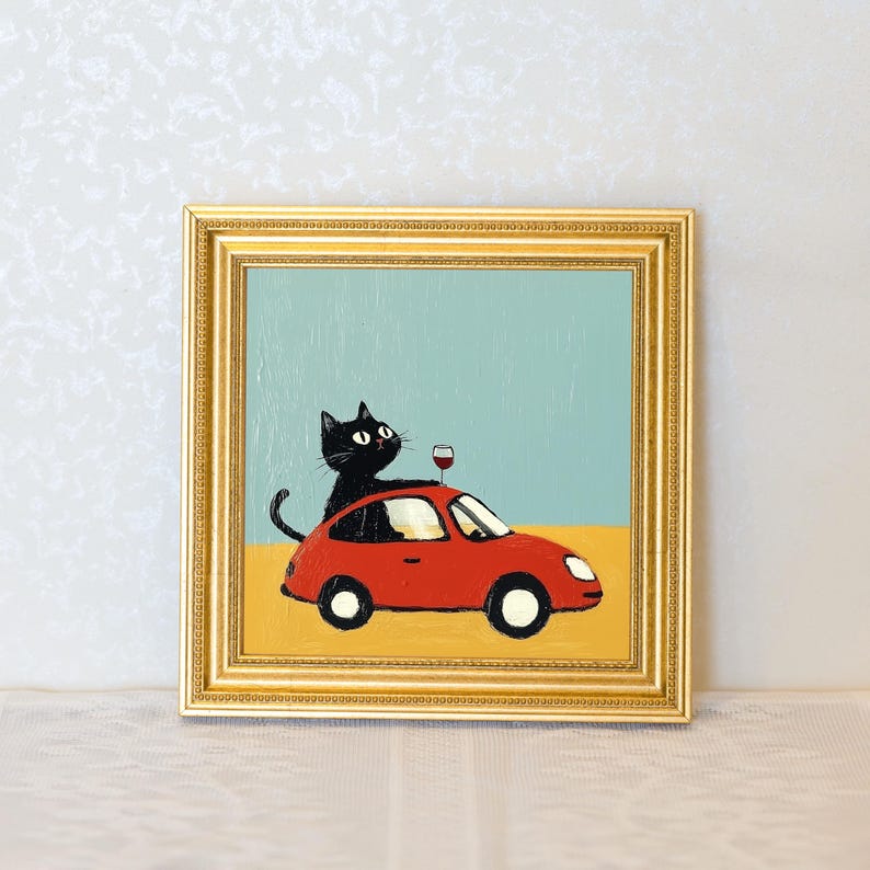 Mini Cool Cat Oil Painting in Gold Frame, Quirky Gift for Cat Lovers and Wall Decor Fans, Original Painting for House and Office Decor